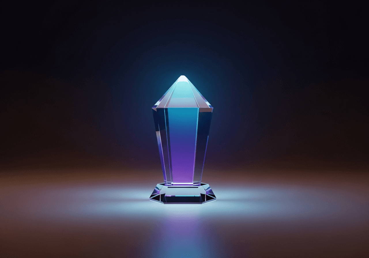 Abstract faceted crystal radiating light evoking excellence and recognition
